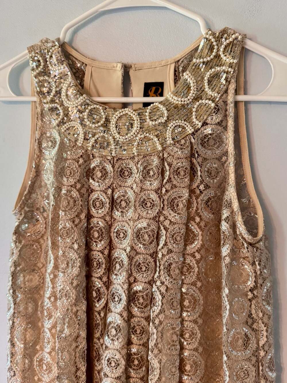 Champagne Beaded Lace Cocktail Dress Gatsby Glam Art Deco Old Money Holiday Part